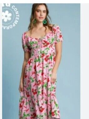 Umgee Cherry Print Dress Sz S NWT